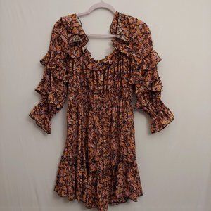 Zara peach and black floral frilly ruffle long sleeve bohoo flowy dress L
